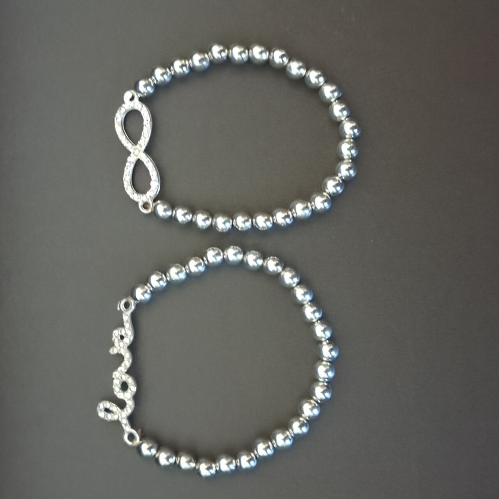 Bracelet Set Love Infinity Duo Beaded In Silver w/Accents Stretchy - Picture 3 of 8